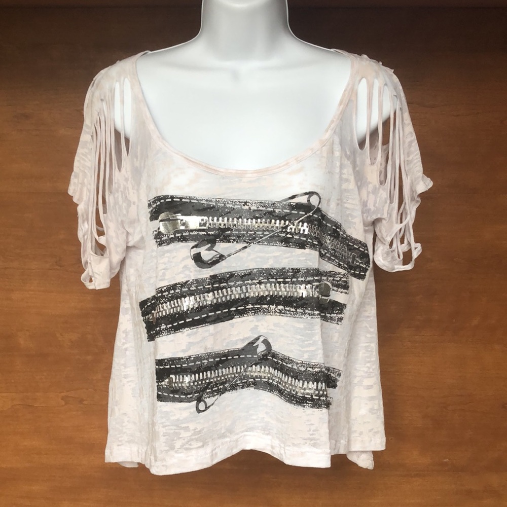Burn out off the shoulder shredded sleeve crop top